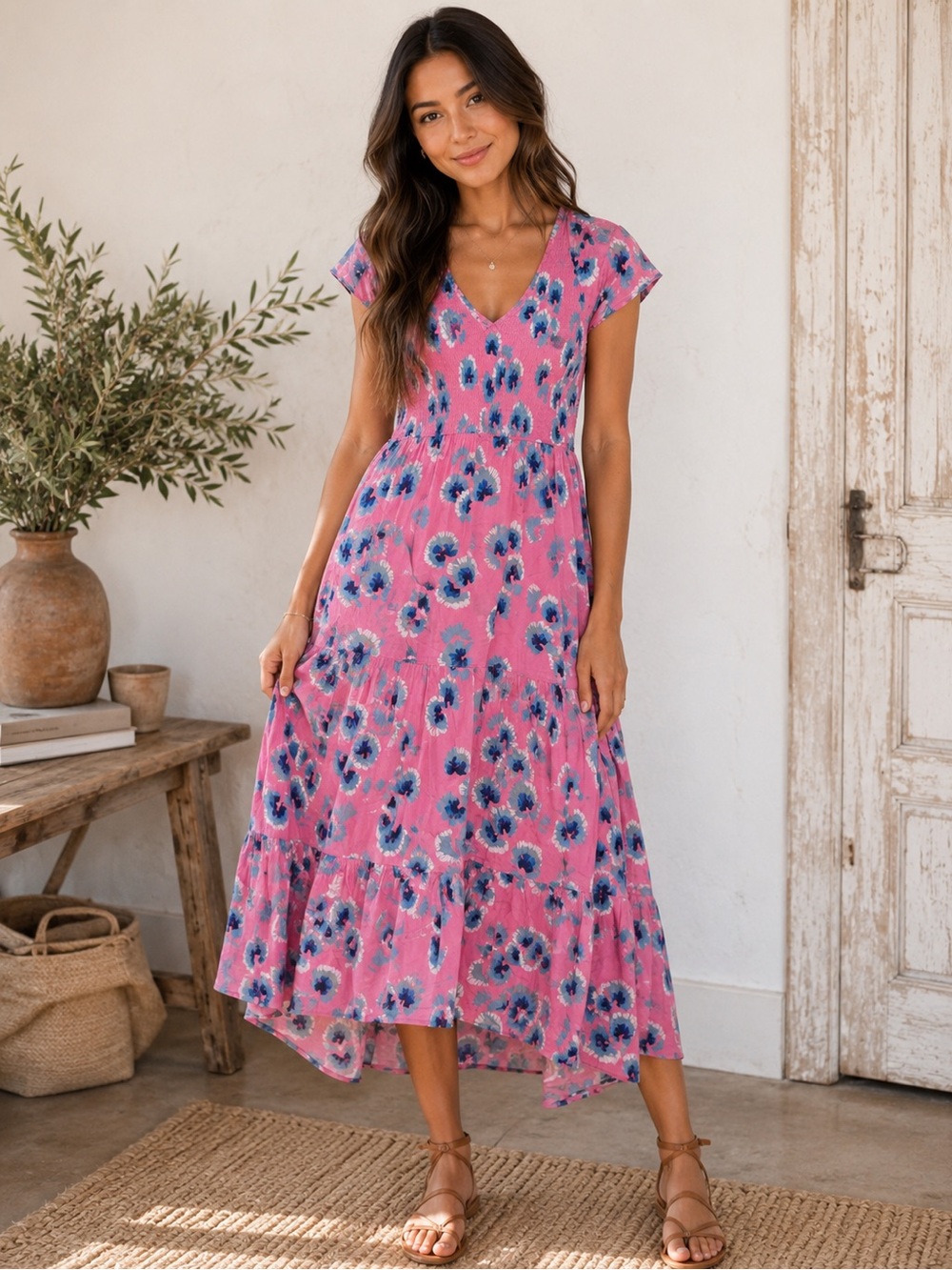 BANJANAN Anthropologie 100% Cotton Floral Print Pink Long Dress Smocked Small